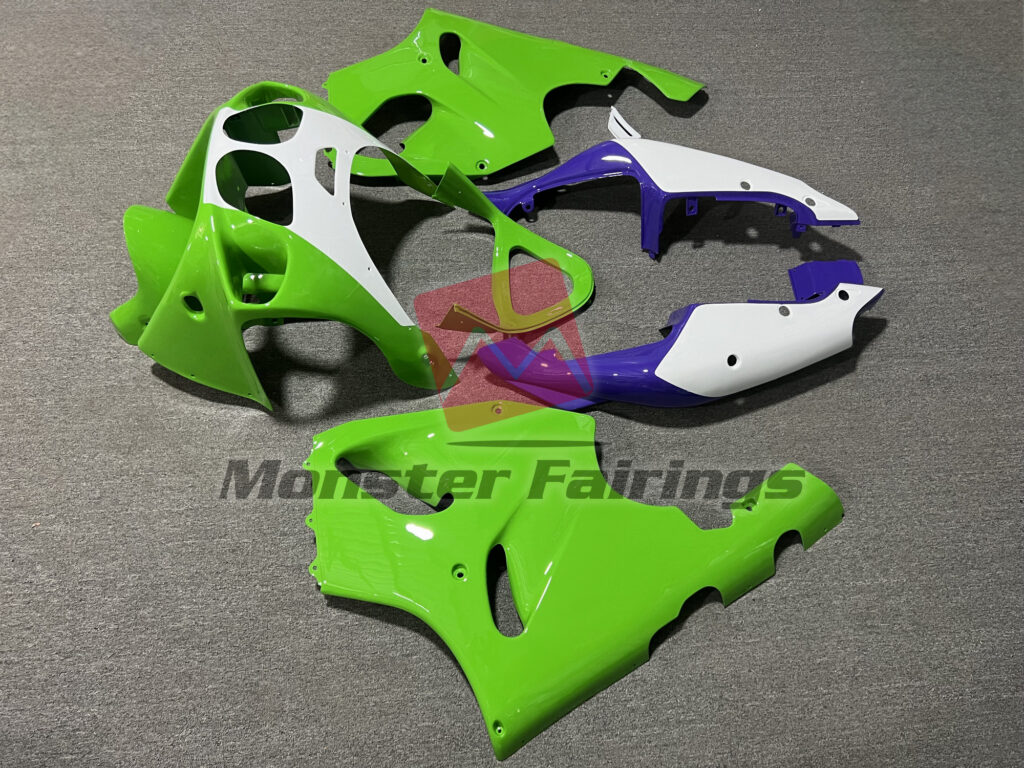 1996 - 2003 Kawasaki ZX7R Gloss Green White & Purple fairing set - ABS injection, custom painted by Monster Fairings