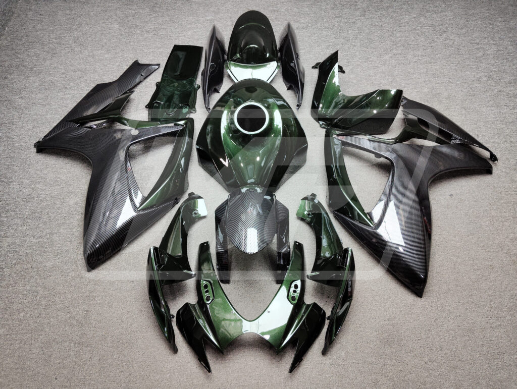 Suzuki GSXR 600 - 750 2006 - 2007 Gloss Carbon Fiber Style & Pearl Green ABS fairings - custom motorcycle bodywork kit by Monster Fairings
