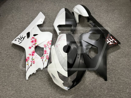 Suzuki GSXR 600-750 2004-2005 Matte Black & White Cherry Blossom Split ABS Fairings | Monster Fairings
