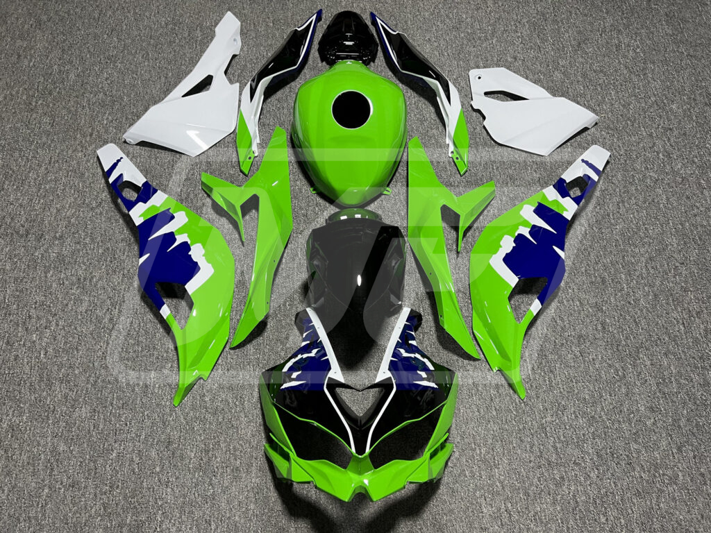 Kawasaki ZX - 4RR 2020 - 2024 Gloss Green & White Blue ABS fairings - custom motorcycle bodywork kit by Monster Fairings