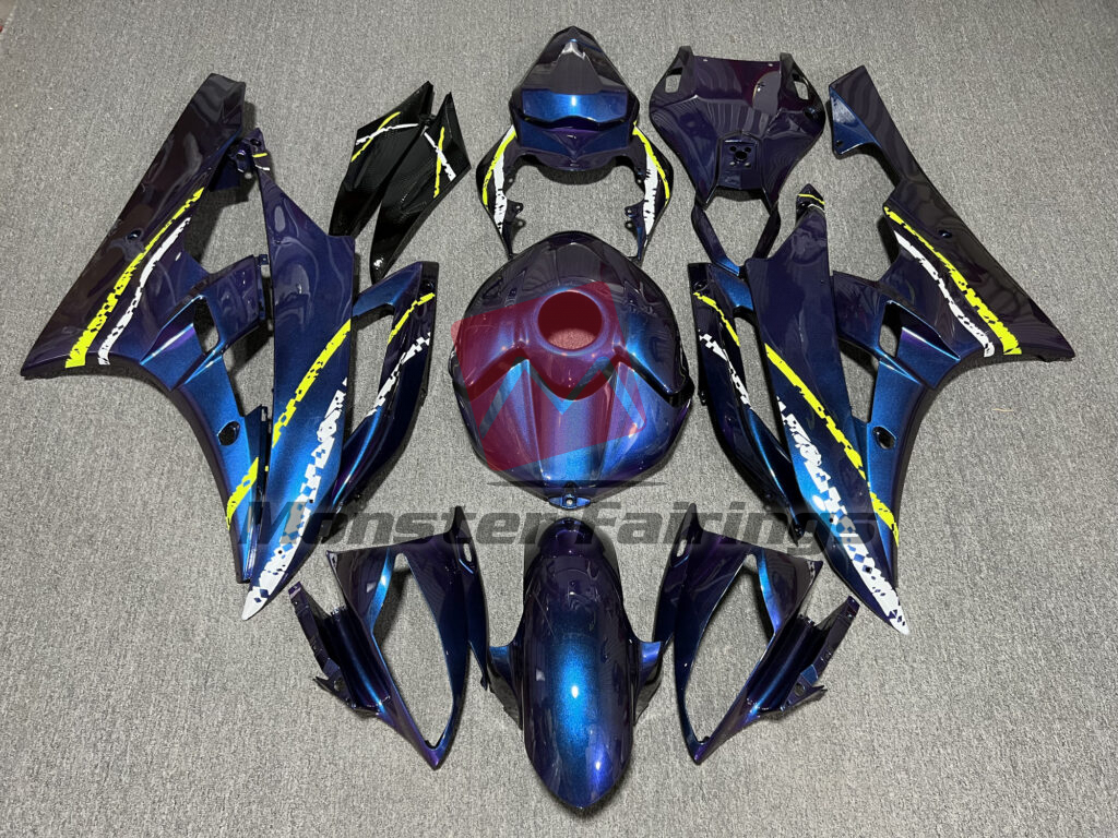 Yamaha R6 2006 - 2007 Gloss Blue Gradient Pearl White & Lime Green ABS fairings - custom motorcycle bodywork kit by Monster Fairings