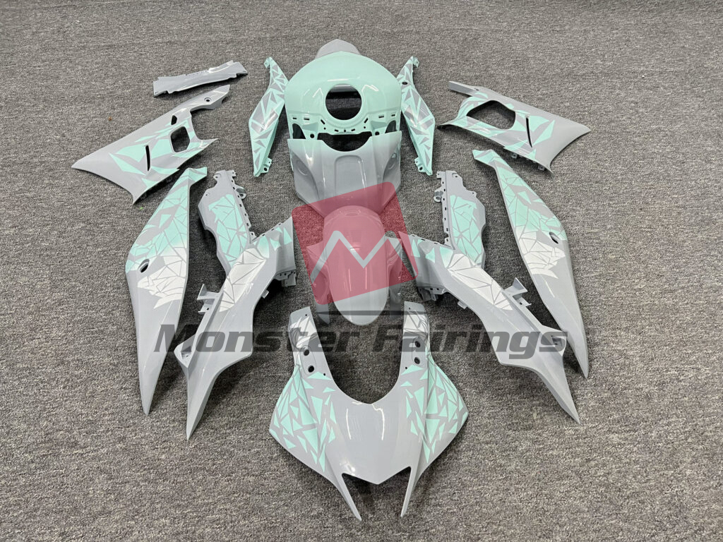 Yamaha R3 2019 - 2021 Gloss Gray Mint & White Pattern ABS fairings - custom motorcycle bodywork kit by Monster Fairings