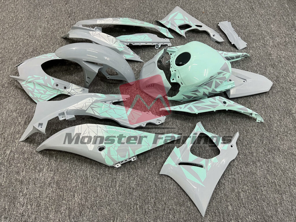 Yamaha R3 2019 - 2021 ABS fairings, Gloss Gray Mint & White Pattern - high - quality motorcycle kit by Monster Fairings