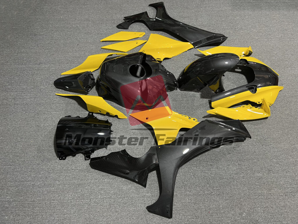 2020 - 2025 Yamaha R1 Gloss Yellow & Carbon Fiber Style fairing set - ABS injection, custom painted by Monster Fairings