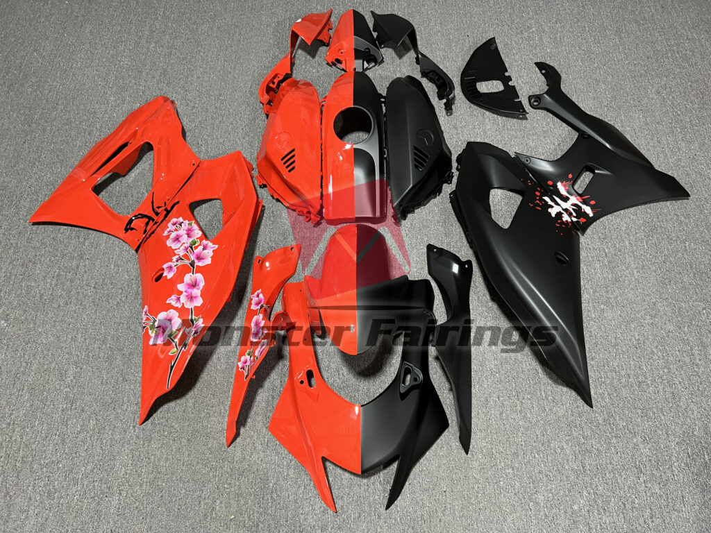 Yamaha R7 2021 - 2025 Gloss Red & Matte Black Cherry Blossom Split ABS fairings - custom motorcycle bodywork kit by Monster Fairings