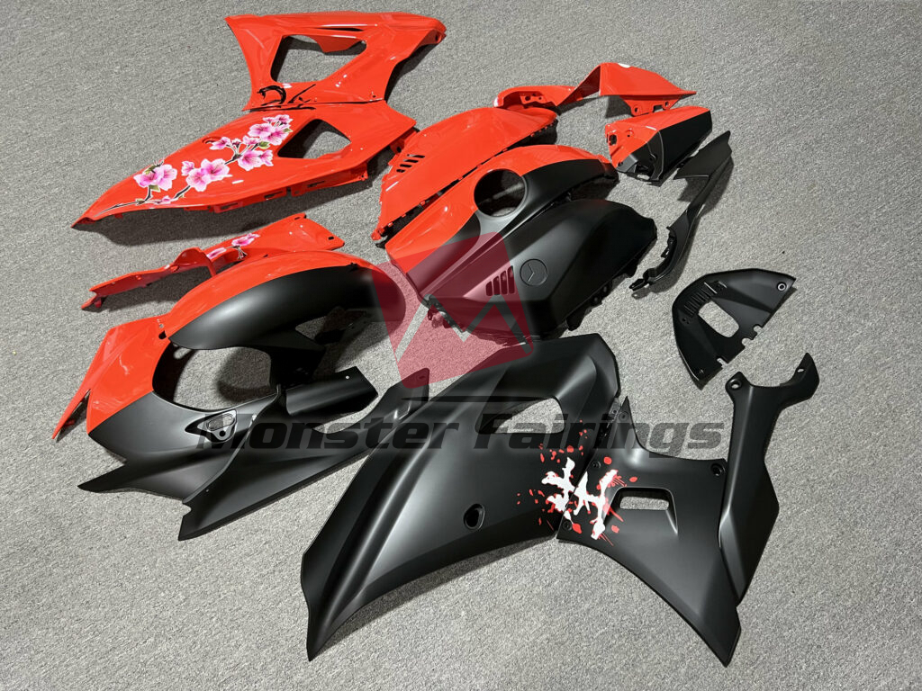2021 - 2025 Yamaha R7 Gloss Red & Matte Black Cherry Blossom Split fairing set - ABS injection, custom painted by Monster Fairings