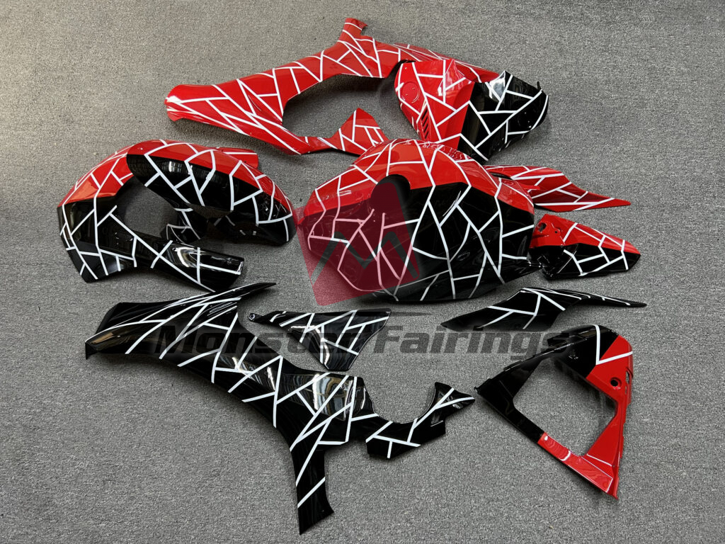 2008 - 2016 Yamaha R6 Gloss Black & Red Pattern Split fairing set - ABS injection, custom painted by Monster Fairings