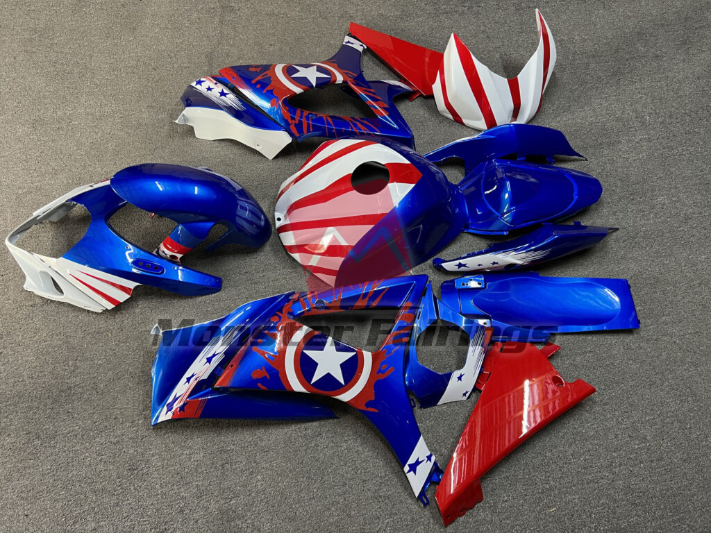 2007 - 2008 Suzuki GSXR Gloss Blue & White Red fairing set - ABS injection, custom painted by Monster Fairings