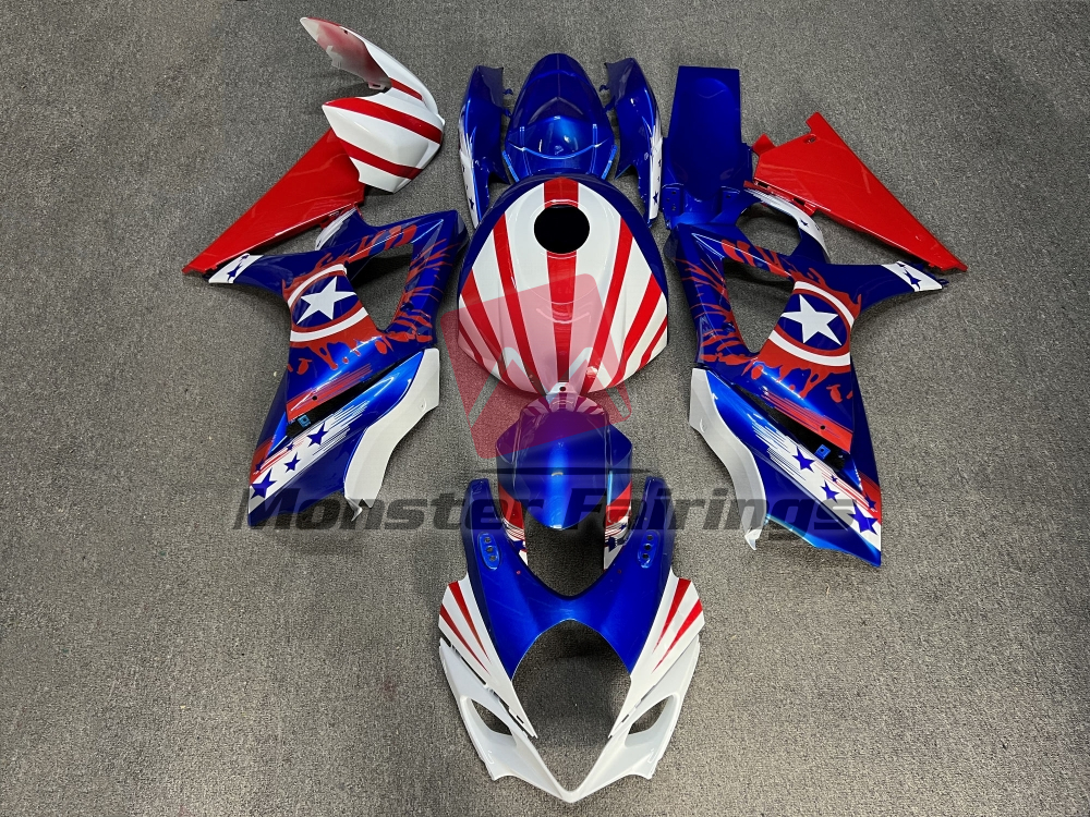 Suzuki GSXR 1000 2007 - 2008 Gloss Blue & White Red ABS fairings - custom motorcycle bodywork kit by Monster Fairings