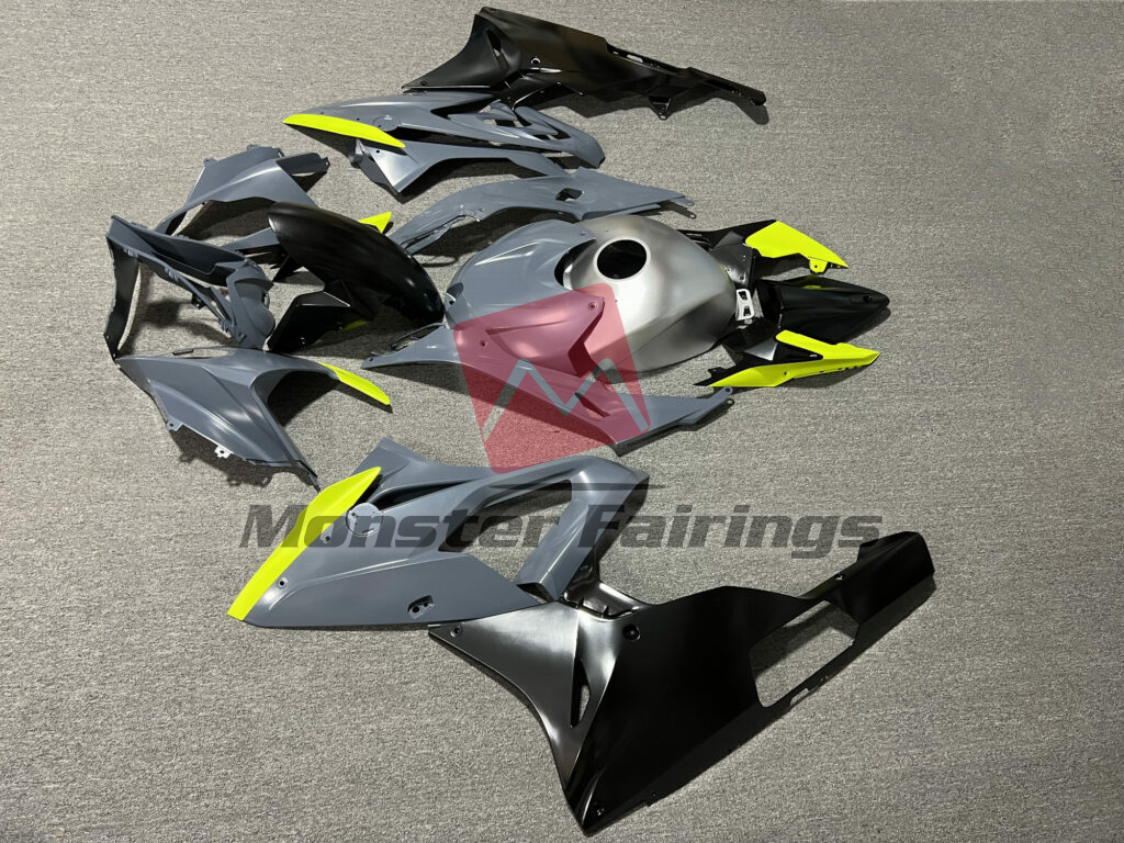 2015 - 2016 BMW S1000RR Gloss Nardo Gray & Black High Vis Yellow fairing set - ABS injection, custom painted by Monster Fairings