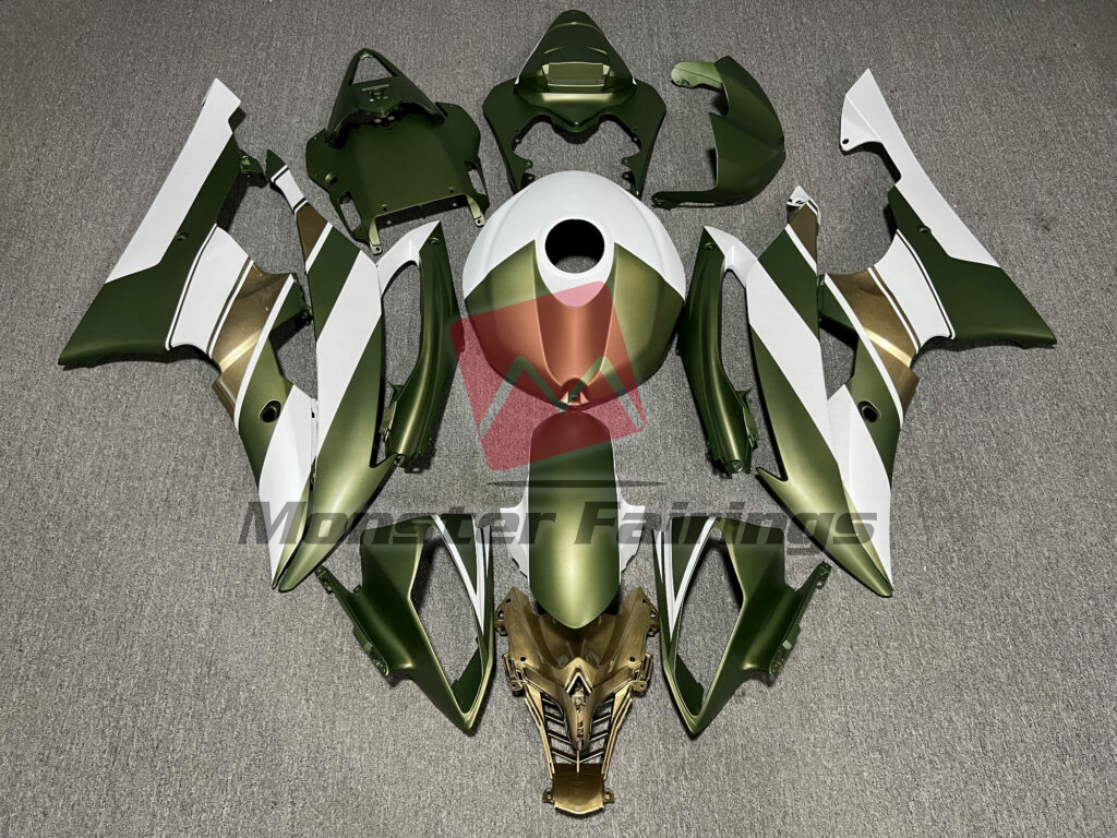 Yamaha R6 2008 - 2016 Matte Green White & Gold ABS fairings - custom motorcycle bodywork kit by Monster Fairings