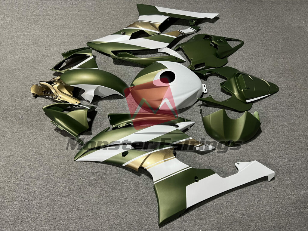 2008 - 2016 Yamaha R6 Matte Green White & Gold fairing set - ABS injection, custom painted by Monster Fairings