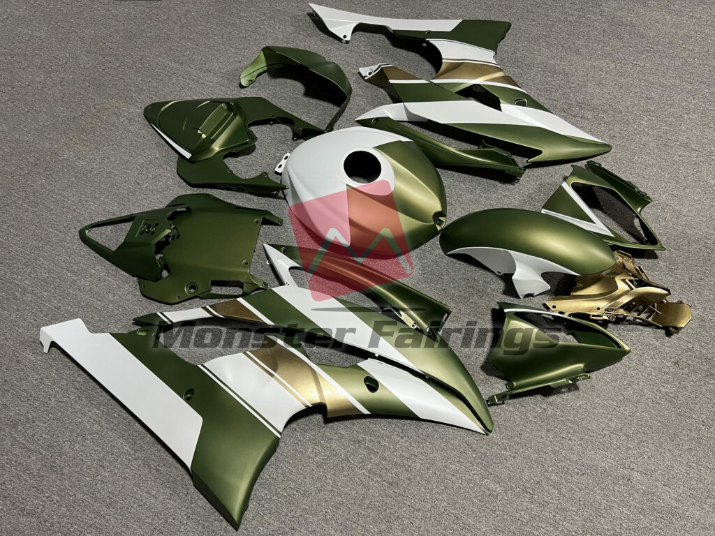 Yamaha R6 custom ABS fairings 2008 - 2016 in Matte Green White & Gold - durable replacement kit, Monster Fairings