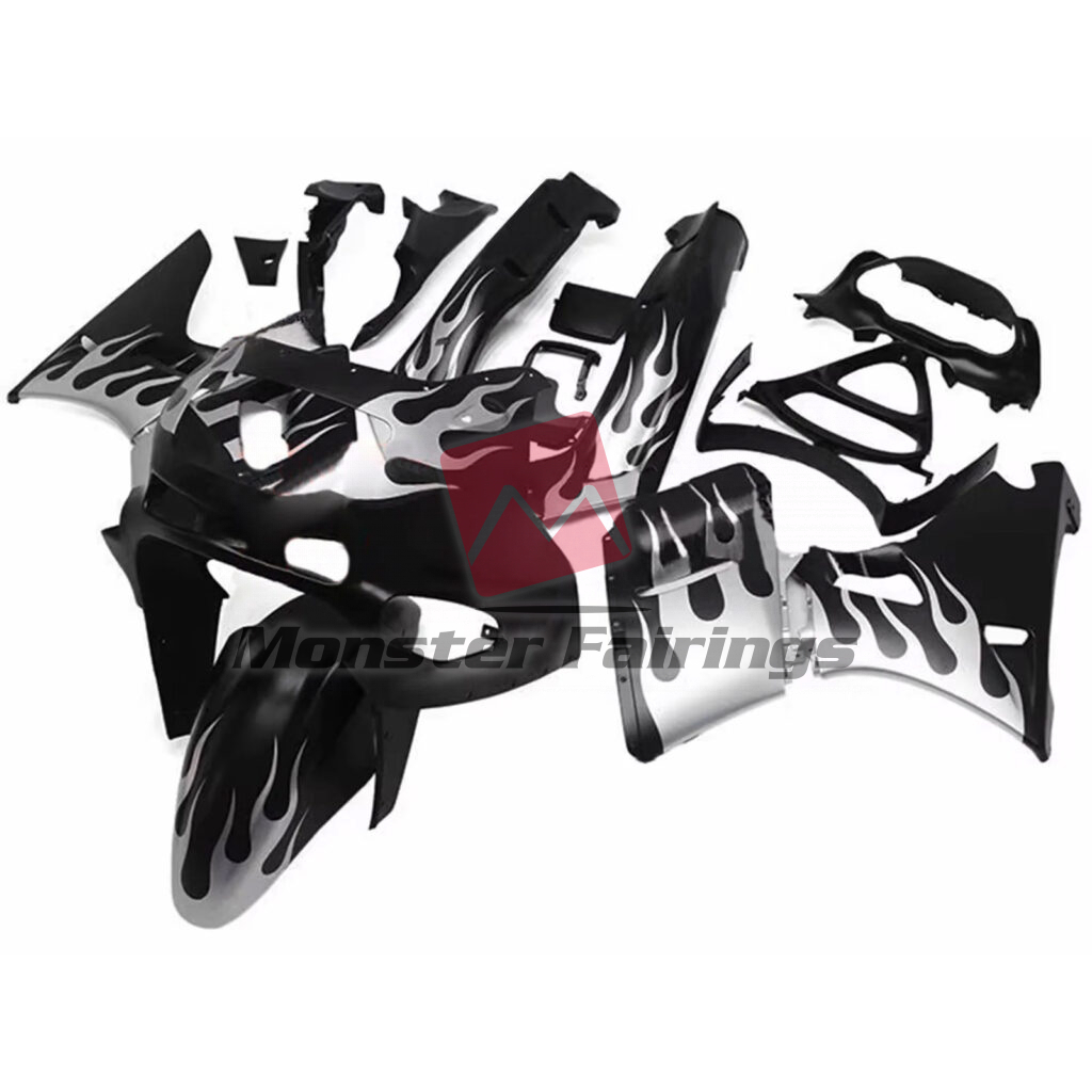 Kawasaki ZZR400/600 1993 - 2007 Gloss Black Silver Flames ABS fairings - custom motorcycle bodywork kit by Monster Fairings
