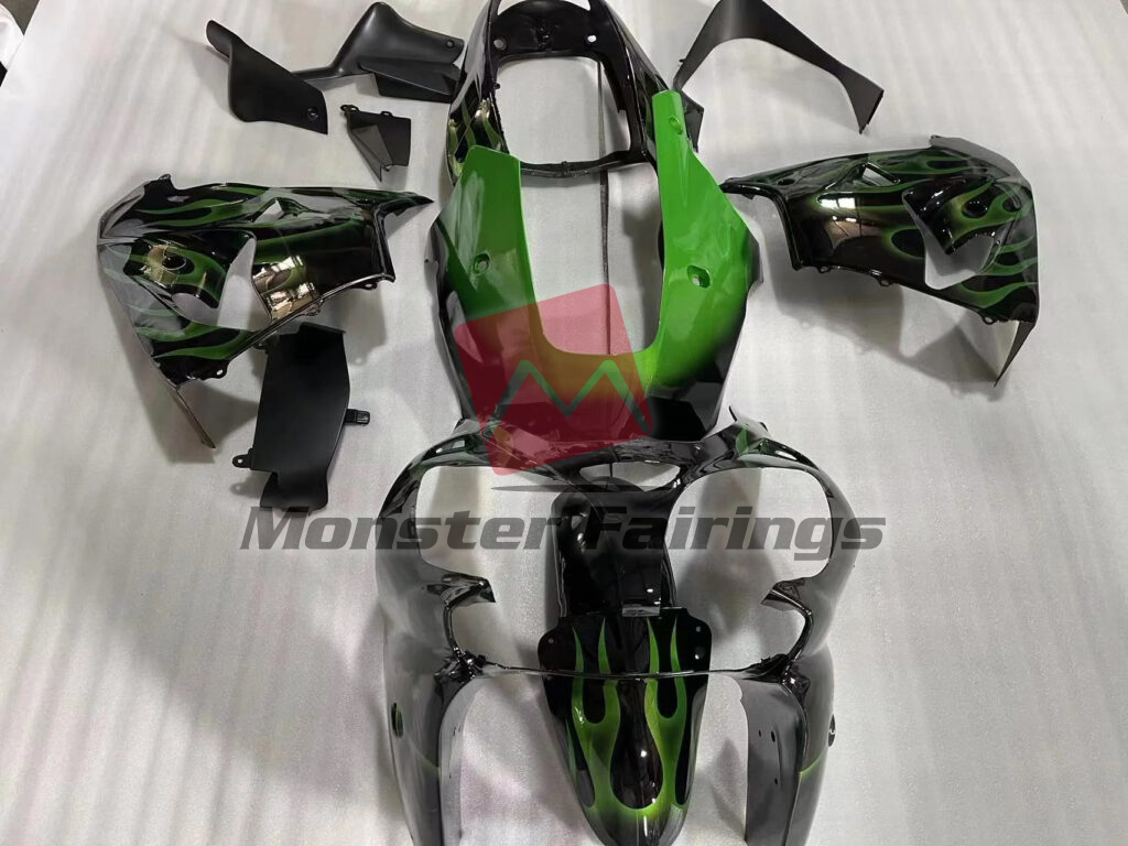 Kawasaki ZX9R 2002 - 2003 Gloss Black & Green Flames ABS fairings - custom motorcycle bodywork kit by Monster Fairings