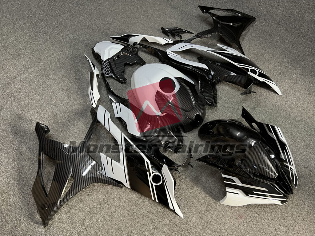 BMW S1000RR custom ABS fairings 2019 - 2022 in Gloss Black & White Carbon Fiber Style - durable replacement kit, Monster Fairings