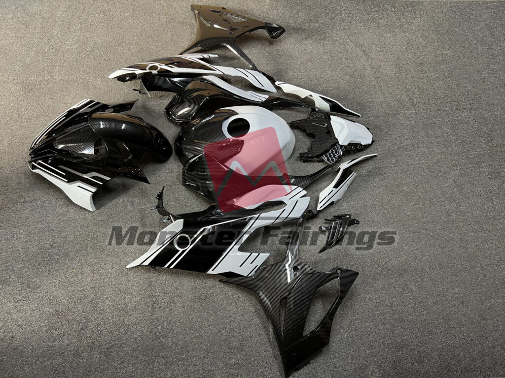 2019 - 2022 BMW S1000RR Gloss Black & White Carbon Fiber Style fairing set - ABS injection, custom painted by Monster Fairings