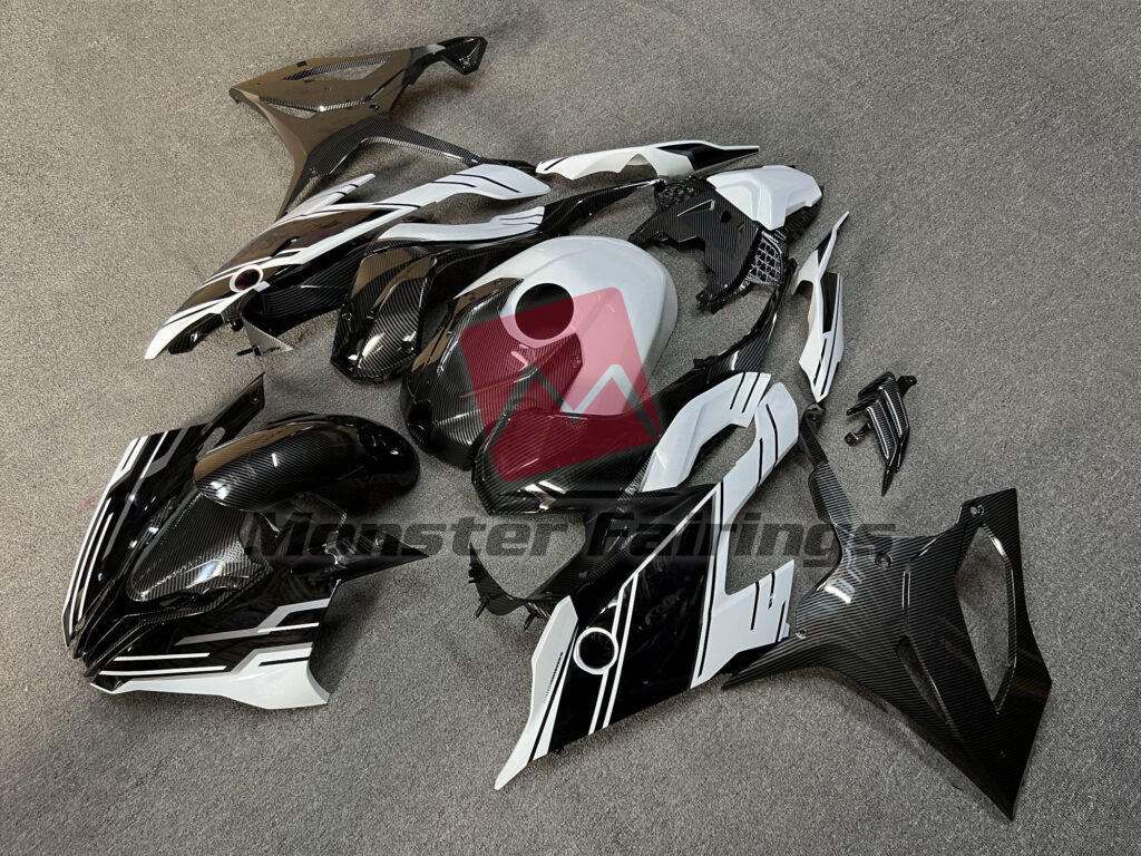 Gloss Black & White Carbon Fiber Style ABS fairings for BMW S1000RR 2019 - 2022 - premium OEM fit kit by Monster Fairings