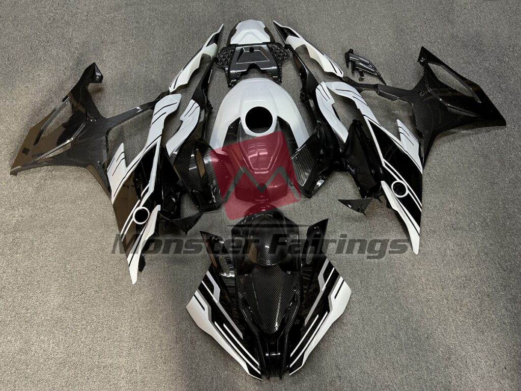 BMW S1000RR 2019 - 2022 Gloss Black & White Carbon Fiber Style ABS fairings - custom motorcycle bodywork kit by Monster Fairings