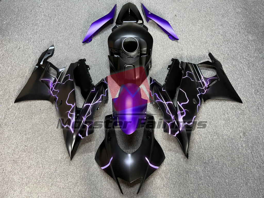 Yamaha R3 2019 - 2021 Matte Black Purple Lightnings ABS fairings - custom motorcycle bodywork kit by Monster Fairings