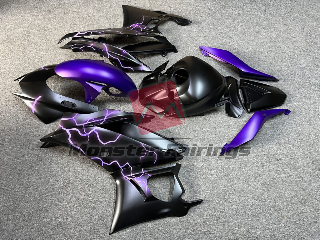Yamaha R3 custom ABS fairings 2019 - 2021 in Matte Black Purple Lightnings - durable replacement kit, Monster Fairings