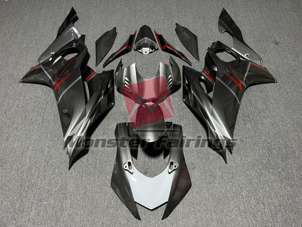 Yamaha R6 2017 - 2022 Gloss Dark Gray Silver & Red ABS fairings - custom motorcycle bodywork kit by Monster Fairings