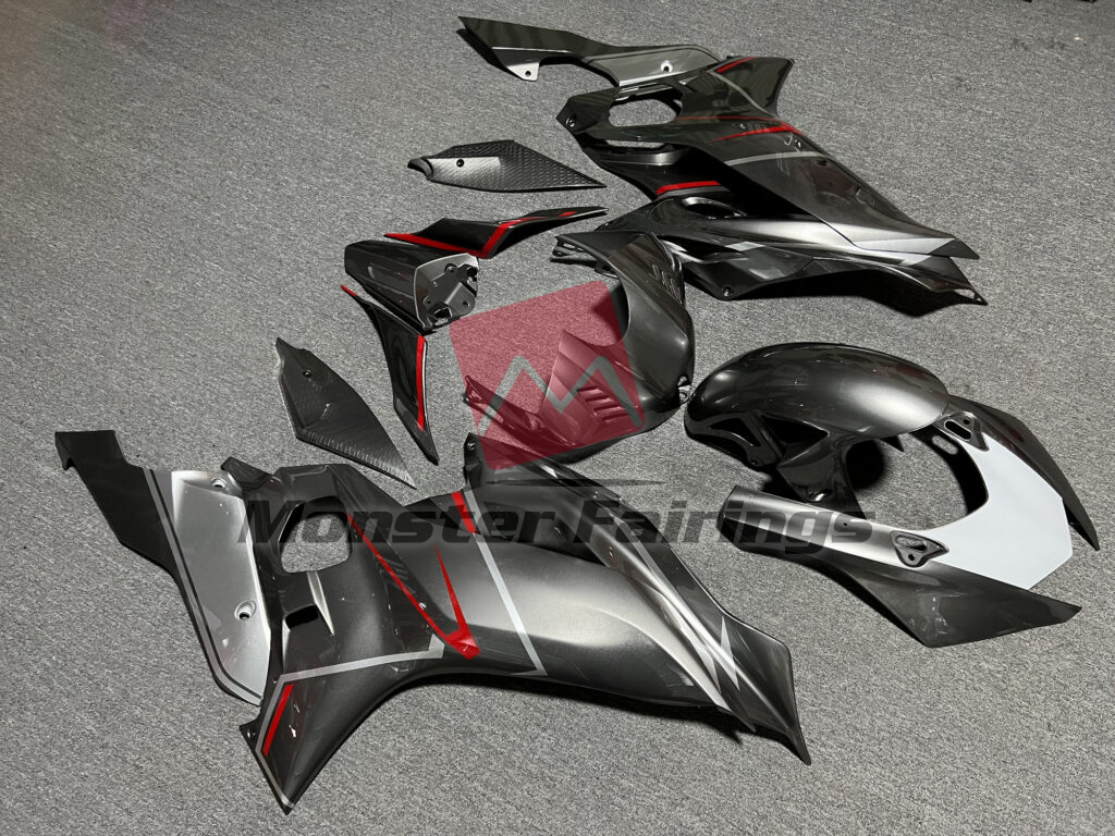 Yamaha R6 custom ABS fairings 2017 - 2022 in Gloss Dark Gray Silver & Red - durable replacement kit, Monster Fairings