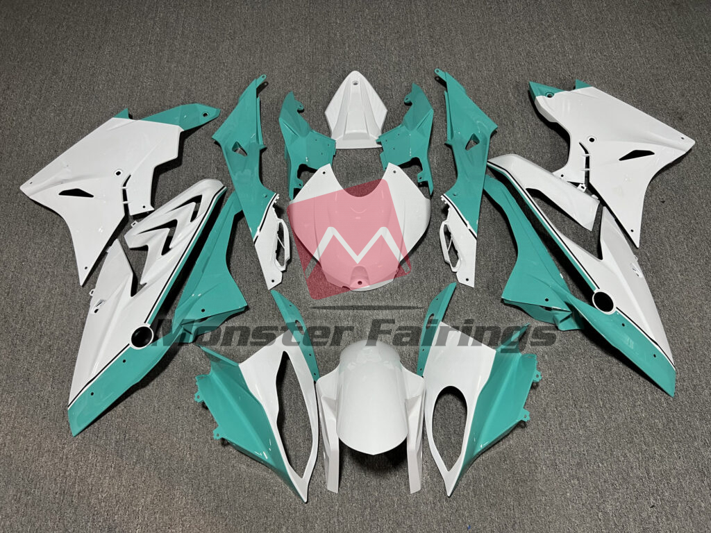 BMW S1000RR 2017 - 2018 Gloss White Teal ABS fairings - custom motorcycle bodywork kit by Monster Fairings