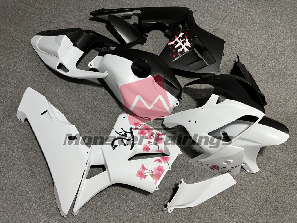 2005 - 2006 Honda CBR600RR Matte Black & White Cherry Blossom Split fairing set - ABS injection, custom painted by Monster Fairings