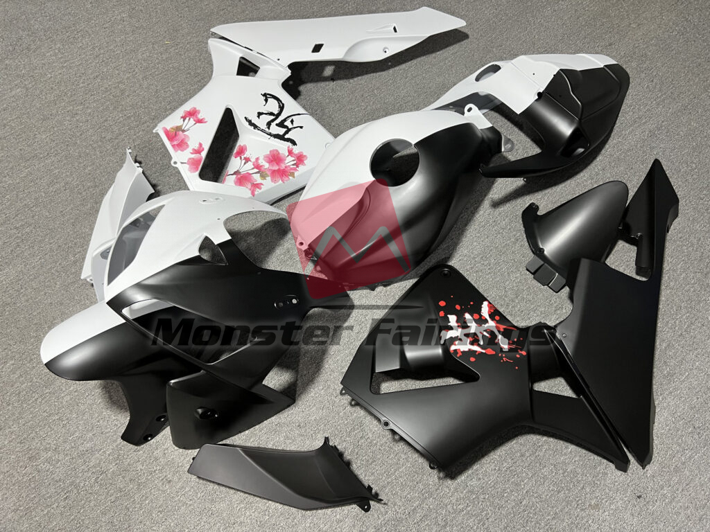 Matte Black & White Cherry Blossom Split ABS fairings for Honda CBR600RR 2005 - 2006 - premium OEM fit kit by Monster Fairings