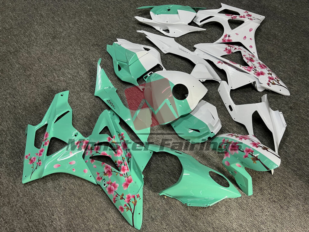 BMW S1000RR custom ABS fairings 2009 - 2014 in Gloss Green Tea & White Cherry Blossom Split - durable replacement kit, Monster Fairings
