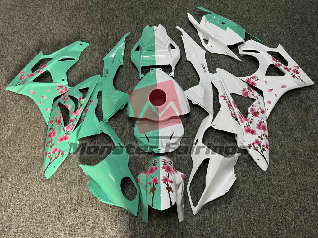 BMW S1000RR 2009 - 2014 Gloss Green Tea & White Cherry Blossom Split ABS fairings - custom motorcycle bodywork kit by Monster Fairings