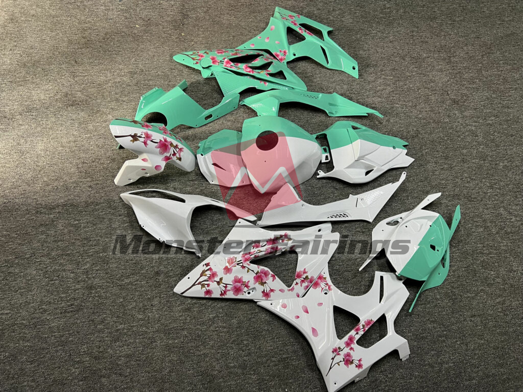 2009 - 2014 BMW S1000RR Gloss Green Tea & White Cherry Blossom Split fairing set - ABS injection, custom painted by Monster Fairings