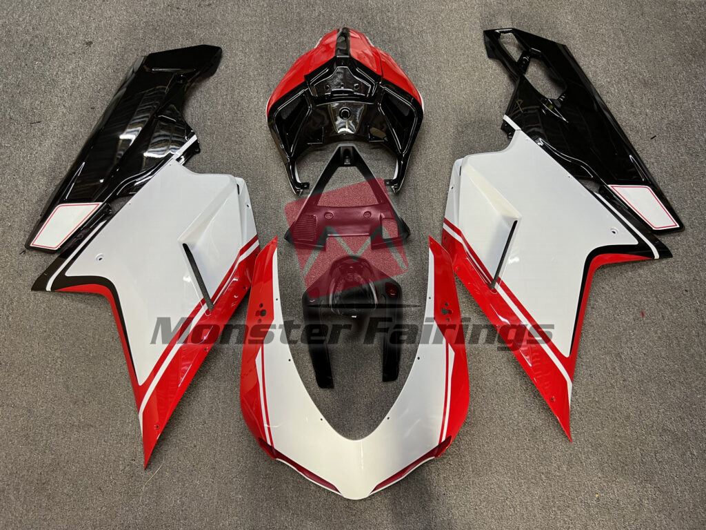 Ducati 848 1098 1198 2007 - 2012 Gloss White Red & Black ABS fairings - custom motorcycle bodywork kit by Monster Fairings
