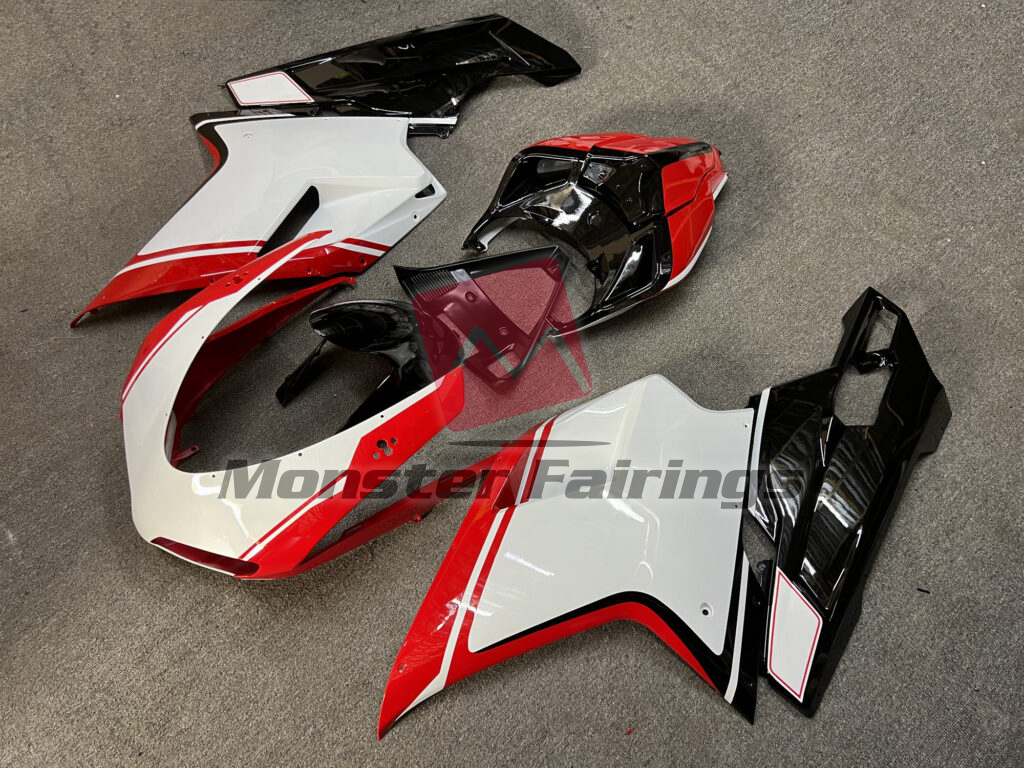 Ducati 848 1098 1198 custom ABS fairings 2007 - 2012 in Gloss White Red & Black - durable replacement kit, Monster Fairings