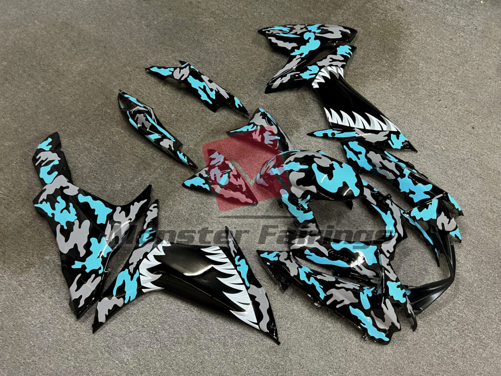 Suzuki GSXR custom ABS fairings 2011 - 2025 in Gloss Light Blue & Gray Camo Shark - durable replacement kit, Monster Fairings