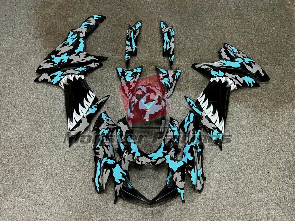 Suzuki GSXR 600 - 750 2011 - 2025 Gloss Light Blue & Gray Camo Shark ABS fairings - custom motorcycle bodywork kit by Monster Fairings
