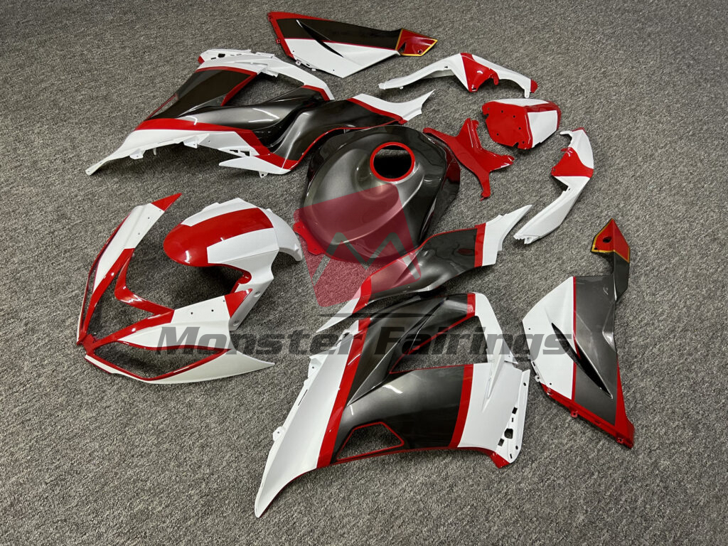 Kawasaki ZX6R custom ABS fairings 2013 - 2018 in Matte White & Gray Gloss Red Gold - durable replacement kit, Monster Fairings