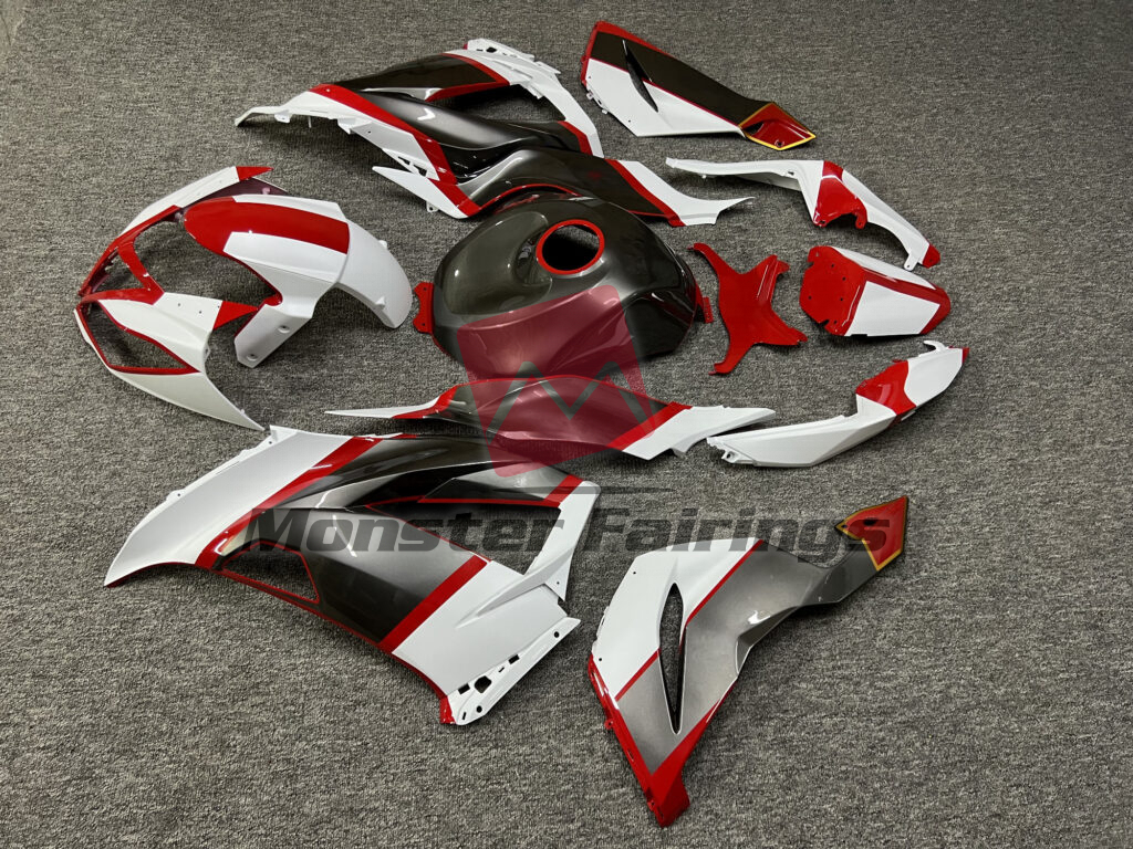 2013 - 2018 Kawasaki ZX6R Matte White & Gray Gloss Red Gold fairing set - ABS injection, custom painted by Monster Fairings