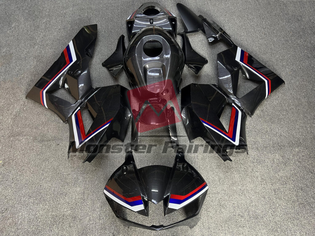 Honda CBR600RR 2013 - 2025 Gloss Carbon Fiber Blue White & Red ABS fairings - custom motorcycle bodywork kit by Monster Fairings