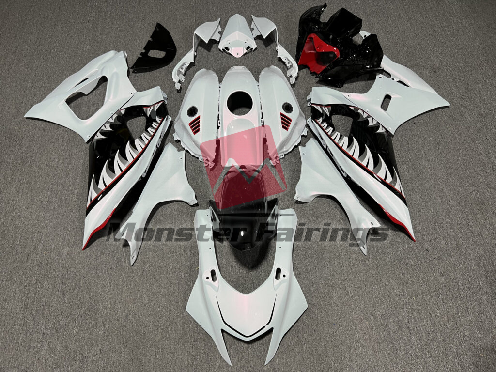 Yamaha R7 2021 - 2025 Pearl White & Gloss Black Red ABS fairings - custom motorcycle bodywork kit by Monster Fairings