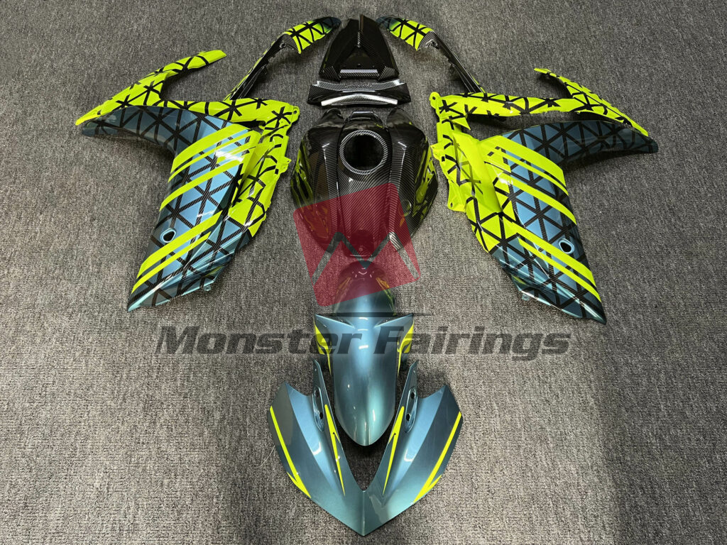 Yamaha R3 2014 - 2018 Gloss Carbon Fiber Teal & High Vis Yellow ABS fairings - custom motorcycle bodywork kit by Monster Fairings