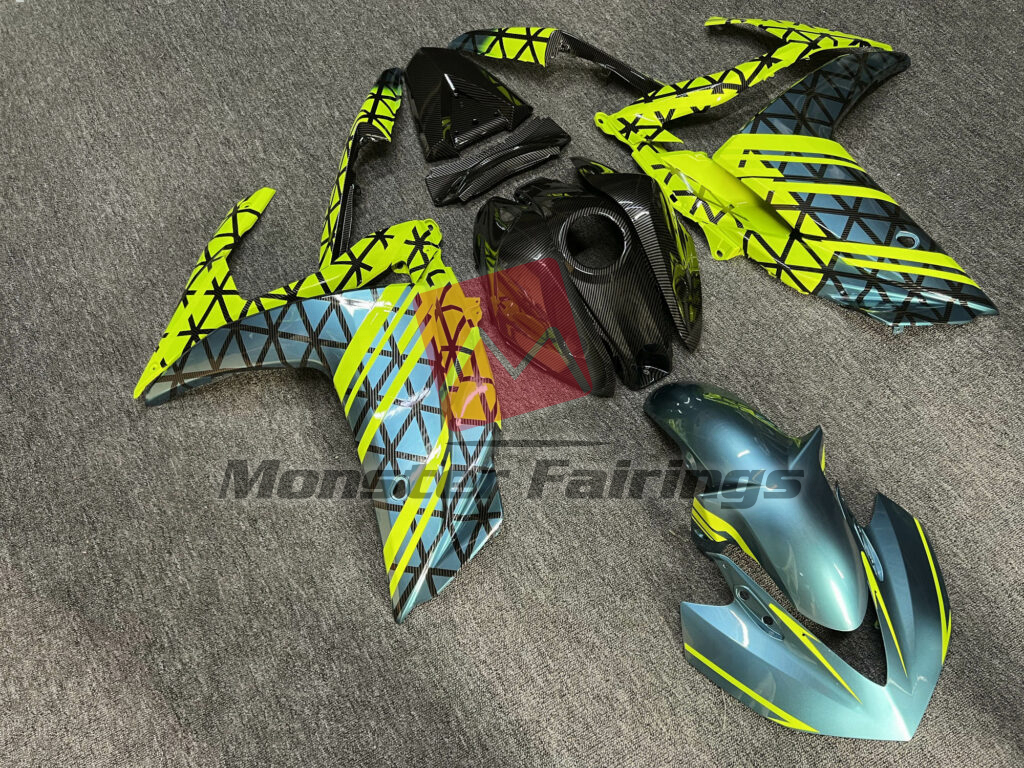 Yamaha R3 custom ABS fairings 2014 - 2018 in Gloss Carbon Fiber Teal & High Vis Yellow - durable replacement kit, Monster Fairings