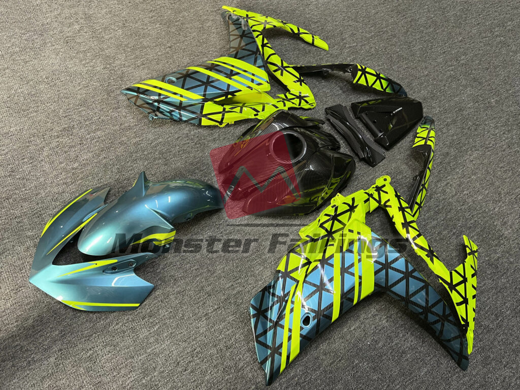 Gloss Carbon Fiber Teal & High Vis Yellow ABS fairings for Yamaha R3 2014 - 2018 - premium OEM fit kit by Monster Fairings