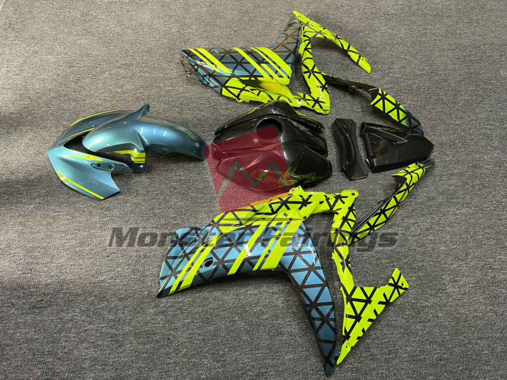 2014 - 2018 Yamaha R3 Gloss Carbon Fiber Teal & High Vis Yellow fairing set - ABS injection, custom painted by Monster Fairings