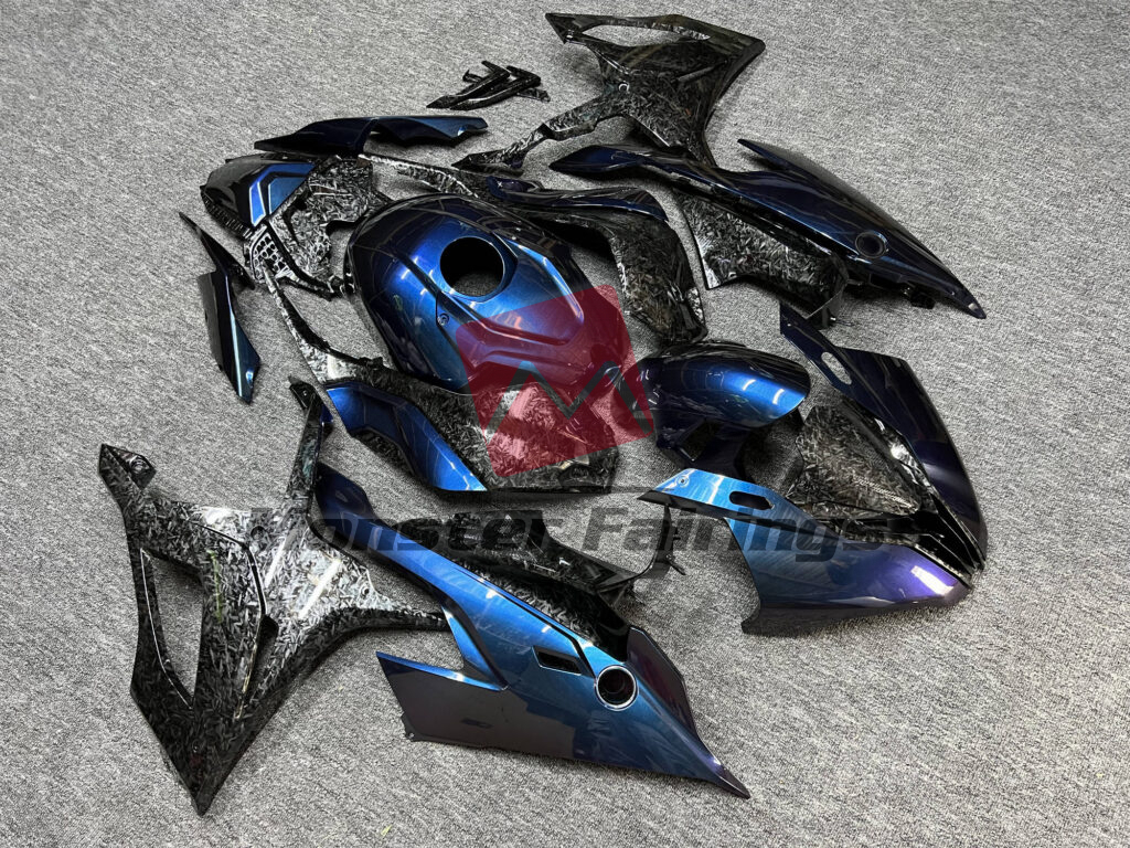 BMW S1000RR custom ABS fairings 2019 - 2022 in Gloss Forged Carbon Fiber Chameleon Blue - durable replacement kit, Monster Fairings