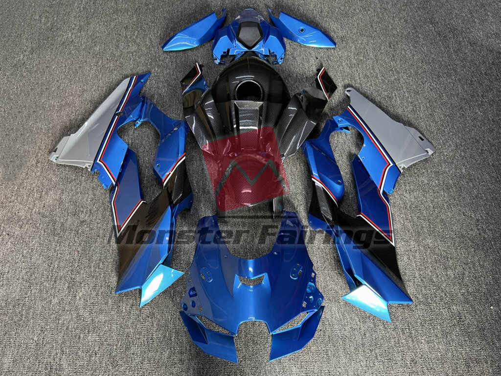 Kawasaki ZX10R 2021 - 2025 Gloss Deep Blue & Gray Carbon Fiber Style ABS fairings - custom motorcycle bodywork kit by Monster Fairings