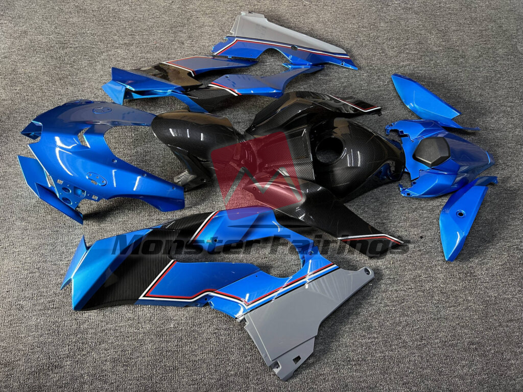 2021 - 2025 Kawasaki ZX10R Gloss Deep Blue & Gray Carbon Fiber Style fairing set - ABS injection, custom painted by Monster Fairings