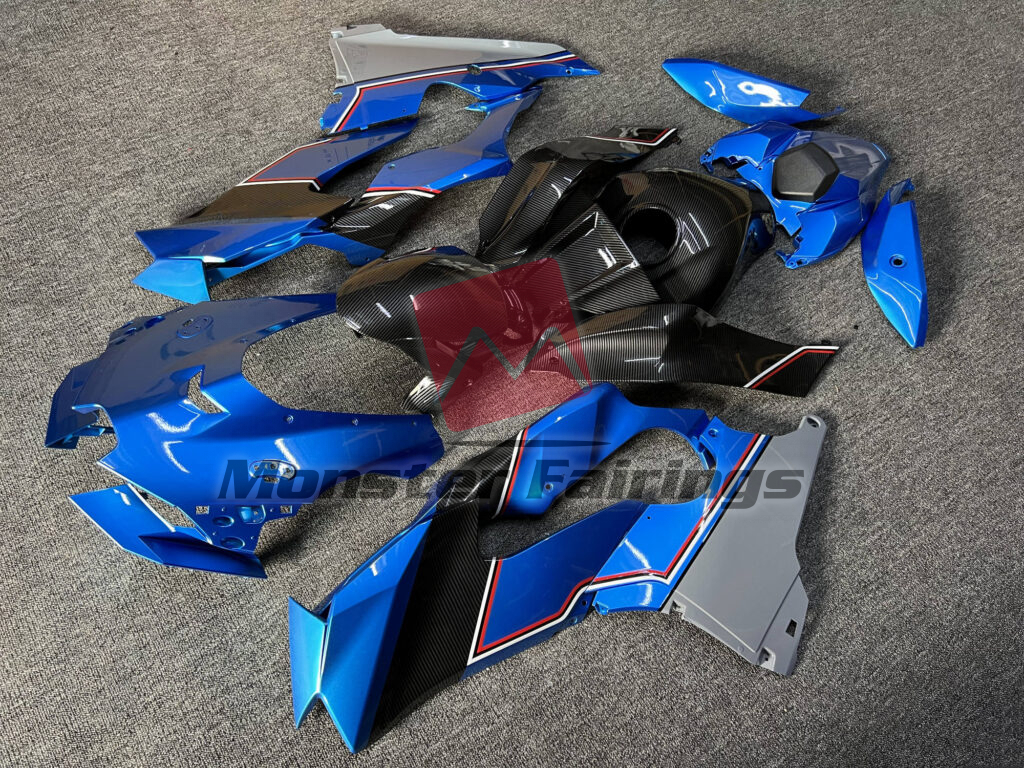 Gloss Deep Blue & Gray Carbon Fiber Style ABS fairings for Kawasaki ZX10R 2021 - 2025 - premium OEM fit kit by Monster Fairings