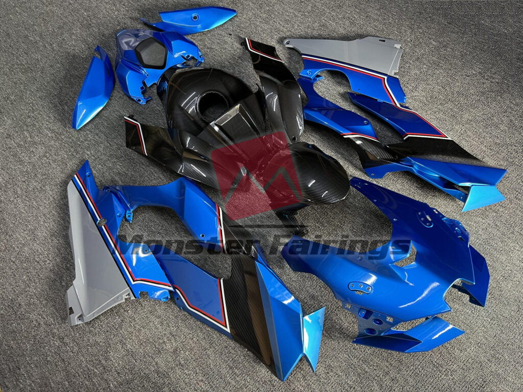 Kawasaki ZX10R custom ABS fairings 2021 - 2025 in Gloss Deep Blue & Gray Carbon Fiber Style - durable replacement kit, Monster Fairings
